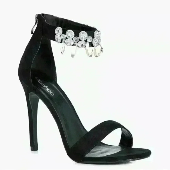 Boohoo Women's Lexi Embellished Ankle Band 2 Part Black Heels Sandals Sz 6 US - Picture 1 of 4